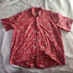 Huk Fishing Button Down Shirt Palm Tree Print Short Sleeve Coral Large